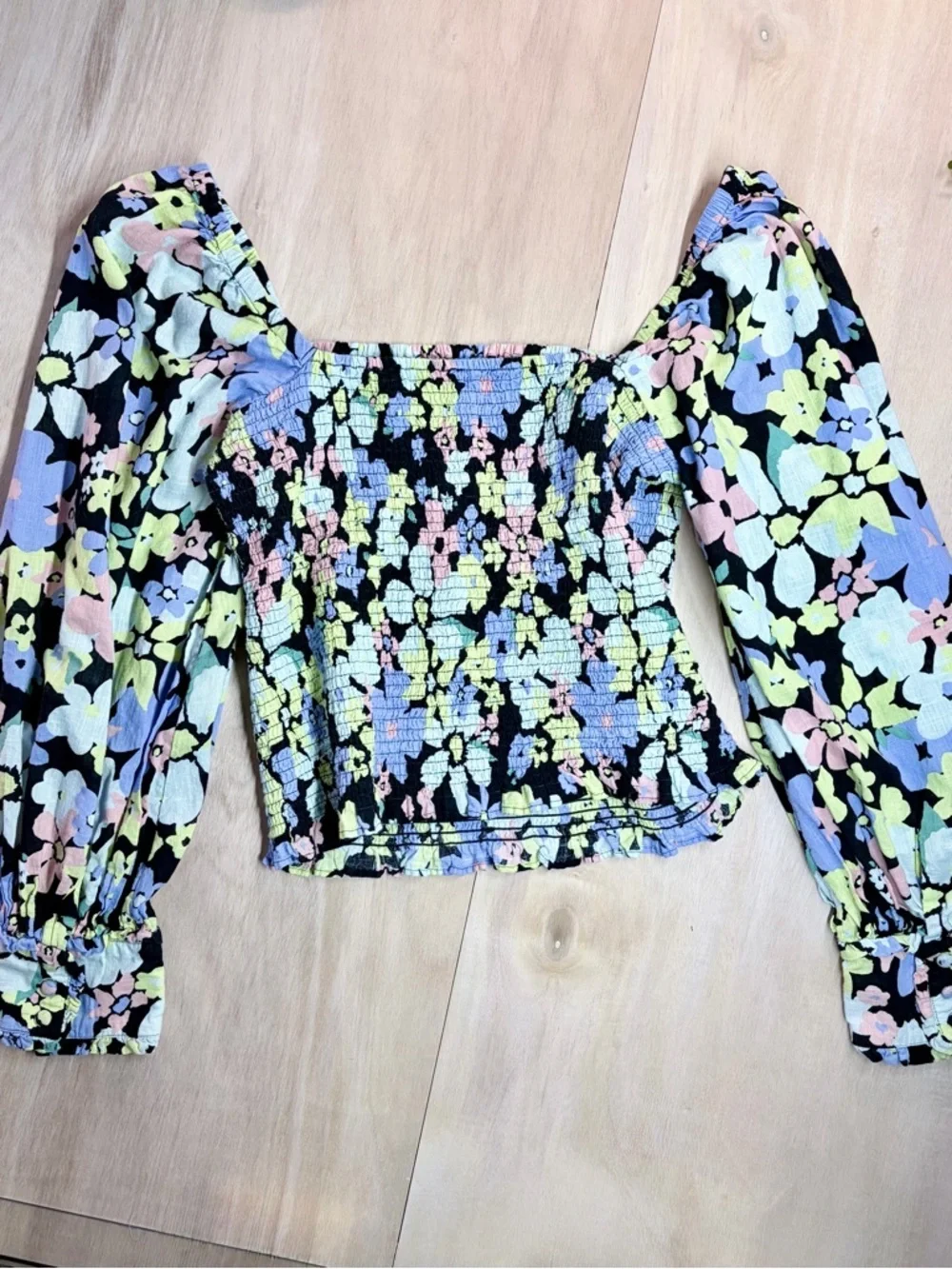 Free People Ariana Smocked Top Pastel Floral Puff Balloon Sleeve Large